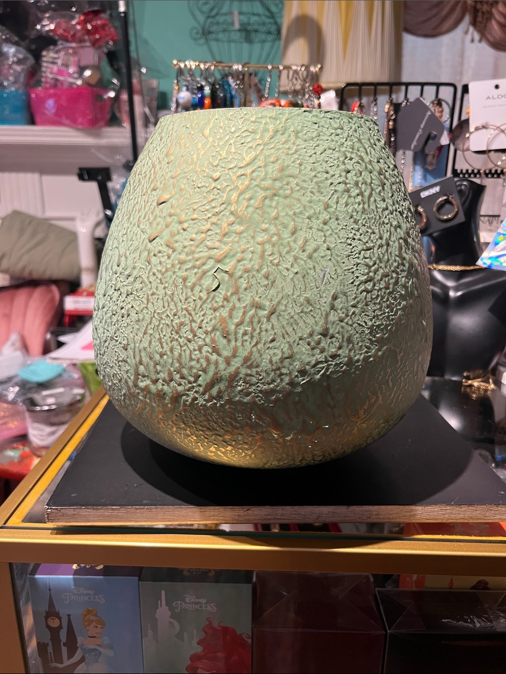 Disney Green and Gold Textured Glass Vase